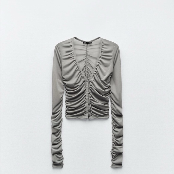 Zara Tops - Zara Gray Ruched V-Neck Blouse